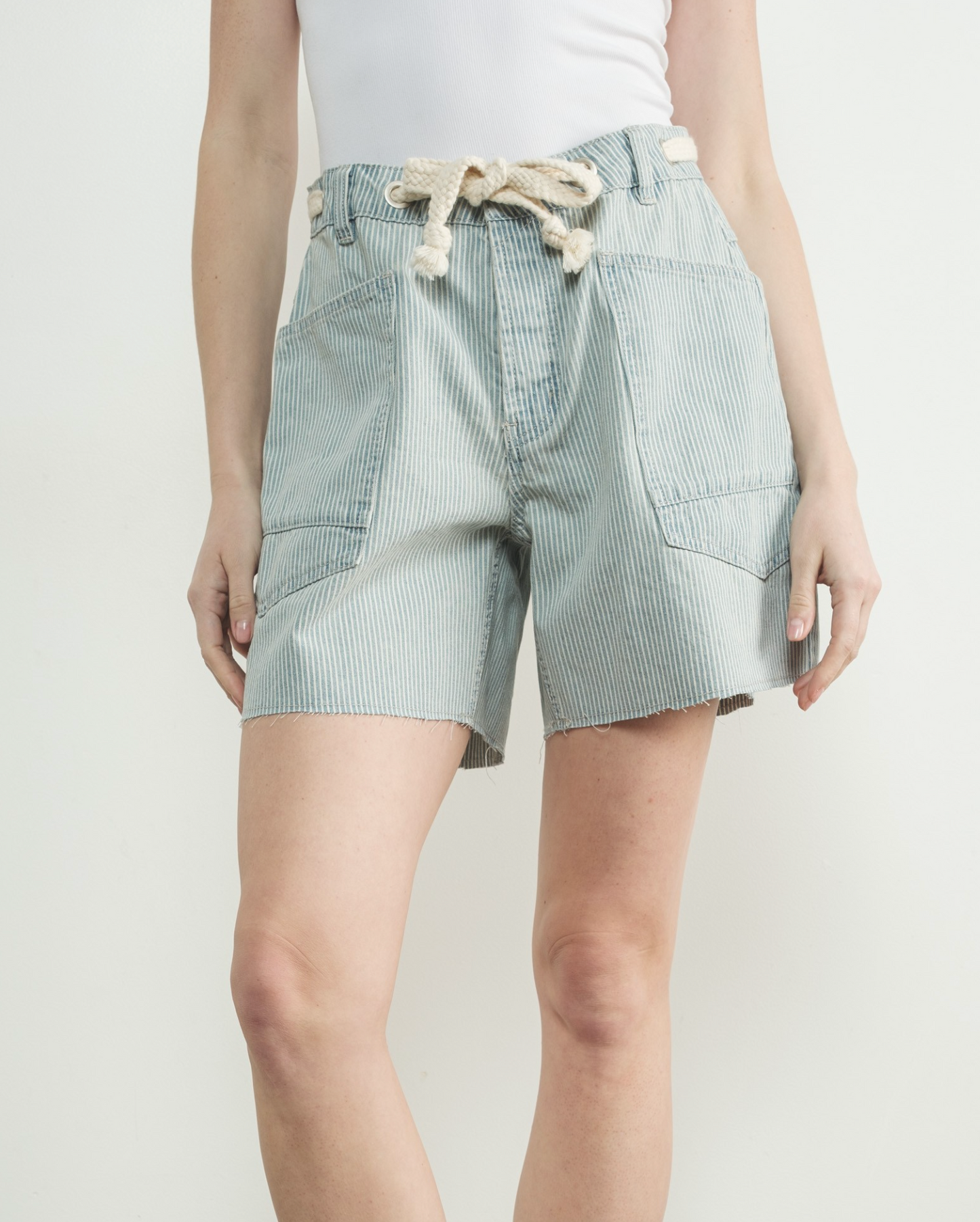 PAIGE VINTAGE WASHED DENIM STRIPED SHORT