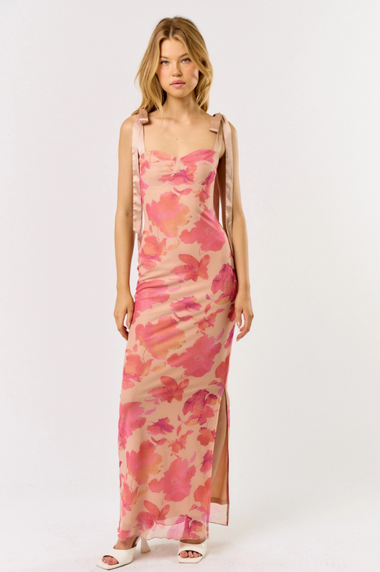 CORA TIE FLORAL MAXI DRESS
