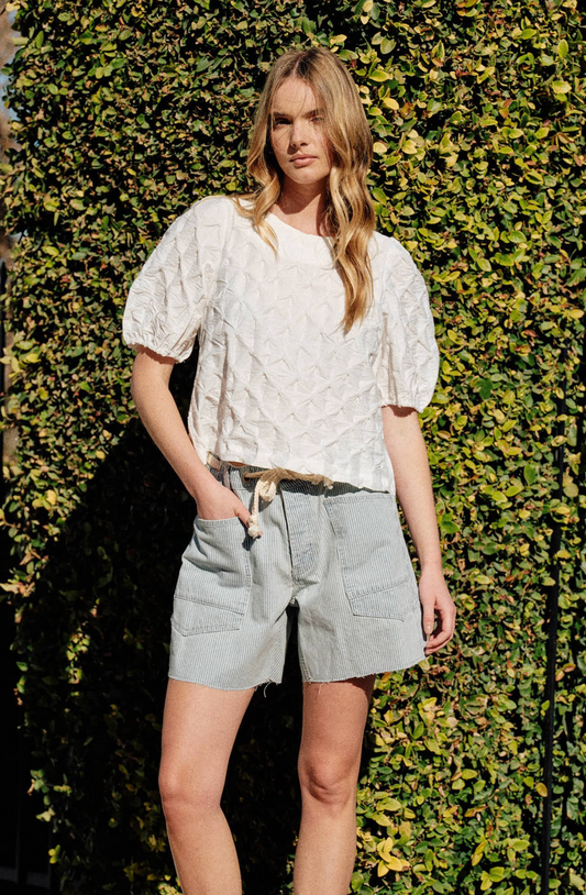 PAIGE VINTAGE WASHED DENIM STRIPED SHORT